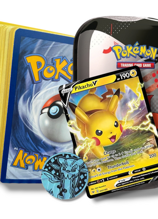 Card Cloud Mini Tin Collection – Premium 50 Card Pokemon Bundle with Empty Mini Tin Storage, 1 Random Ultra Rare & Coin