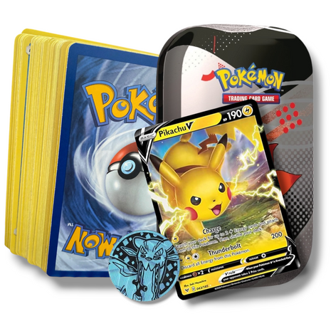 Card Cloud Mini Tin Collection – Premium 50 Card Pokemon Bundle with Empty Mini Tin Storage, 1 Random Ultra Rare & Coin