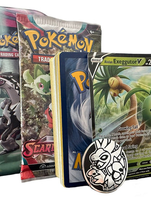 Pokémon trading card packs and a card with a Pokémon logo on a white background