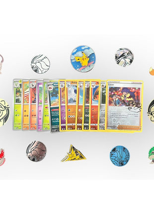 Collection of Pokémon trading cards with character emblems on a white background