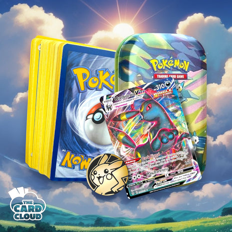Card Cloud Mini Tin Collection – Premium 50 Card Pokemon Bundle with Empty Mini Tin Storage, 1 Random Ultra Rare & Coin